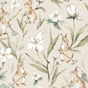 DEKORILLO - TAPETA DZIECIĘCA KRÓLICZKI OGRODNICZKI BEŻOWY