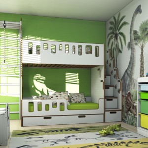 NO LIMITS DESIGN - ŁÓŻKO PIĘTROWE ZE SCHODKAMI T-REX BIAŁE