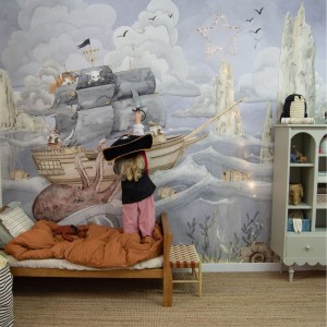 DEKORILLO - MURAL PIRATE STORY - TAPETA DZIECIĘCA ZE STATKIEM PIRACKIM NIEBIESKA