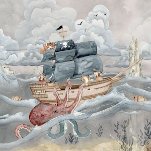 DEKORILLO - MURAL PIRATE STORY - TAPETA DZIECIĘCA ZE STATKIEM PIRACKIM BEŻ