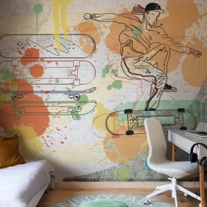 MALUMI - TAPETA DLA CHŁOPCA Z DESKOROLKAMI SKATEPARK ORANGE