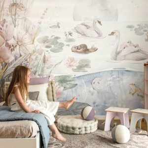 MALUMI - TAPETA DLA DZIEWCZYNKI JEZIORO ŁABĘDZIE SWAN LAKE PASTEL