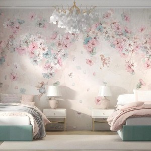 MALUMI - TAPETA DLA DZIEWCZYNKI Z WRÓŻKAMI WŚRÓD KWIATÓW DAPHNE BUBBLEGUM