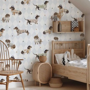 DEKORILLO - TAPETA DZIECIĘCA W PIESKI JAMNICZKI NIEBIESKIE ROMBY