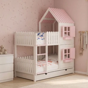 DREAM BEDS - ŁÓŻKO PIĘTROWE DOMEK Z OKIENNICAMI I PŁOTKIEM