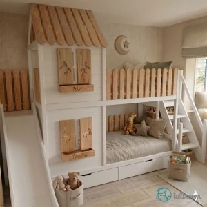 DREAM BEDS - ŁÓŻKO PIĘTROWE DOMEK ZE ZJEŻDŻALNIĄ I SCHODKAMI