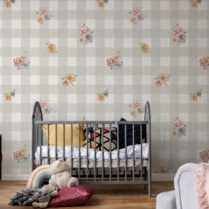 DEKORILLO - TAPETA DZIEWCZĘCA PASTEL FLOWERS OLIWKOWA KRATA