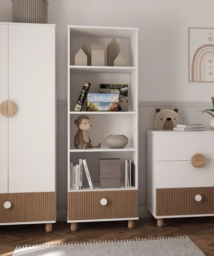 Biały regał dziecięcy Loft z szufladą i naturalnymi drewnianymi dodatkami