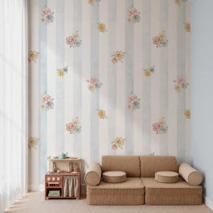 TAPETA DZIEWCZĘCA PASTEL FLOWERS BŁĘKITNE PASKI - DEKORILLO 
