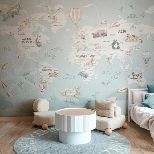 Wanderlust Mint – miętowa tapeta z mapą świata dla dzieci