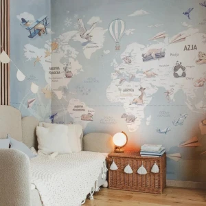 Wanderlust Blue – tapeta z mapą świata dla dzieci - Malumi
