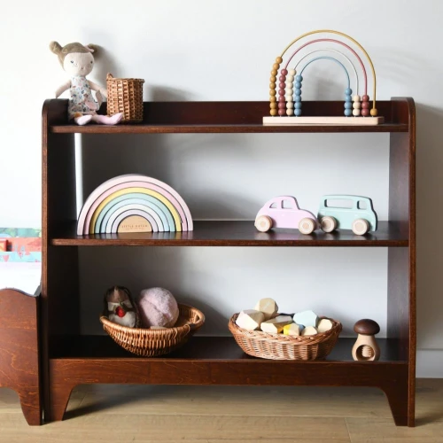 Drewniany regał Montessori na zabawki i książki Ciemny Brąz Vintage