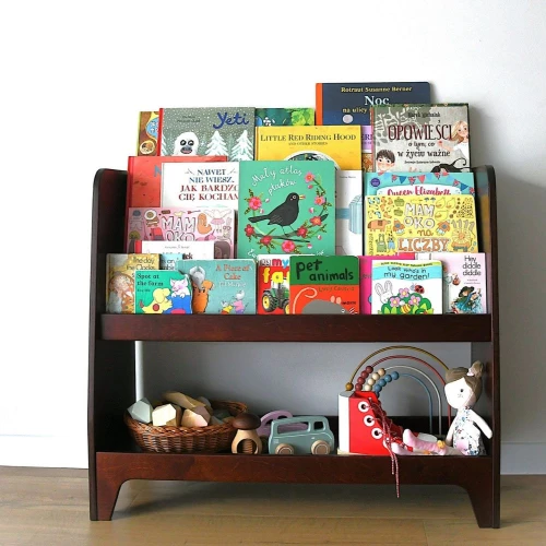 Drewniana biblioteczka Montessori na książki i zabawki Ciemny Brąz Vintage