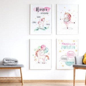 YOKO DESIGN - ZESTAW 4 PLAKATÓW JEDNOROŻCE METRYCZKA