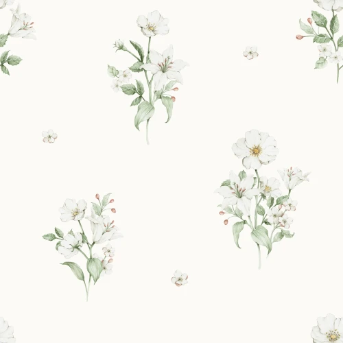 kremowa tapeta w białe kwiaty dla dziewczynki