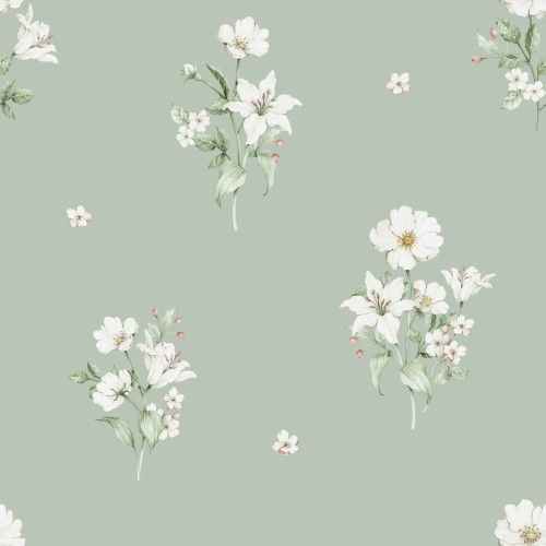 szałwiowa tapeta w kwiaty do pokoju dziewczynki
