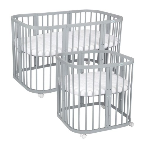 szare łóżeczko wielofunkcyjne dla niemowlaka