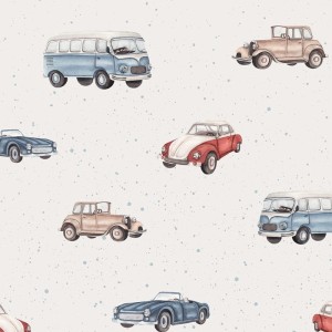 DEKORILLO - TAPETA DLA CHŁOPCA AUTA KROPKI ZGASZONA BIEL