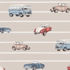 DEKORILLO - TAPETA DLA CHŁOPCA AUTA PASKI BEŻOWA