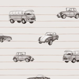 DEKORILLO - TAPETA DLA CHŁOPCA AUTA PASKI SEPIA