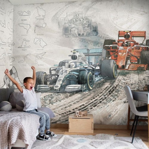 tapeta do pokoju chłopca z bolidami
