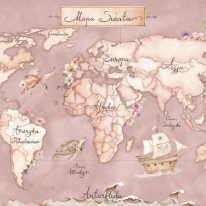 DEKORILLO - TAPETA DZIECIĘCA MAPA ŚWIATA MORSKA RÓŻOWA