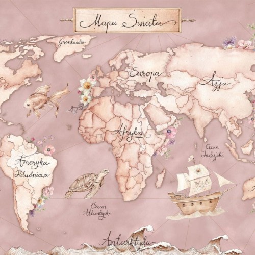 TAPETA MAPA ŚWIATA MORSKA RÓŻOWA