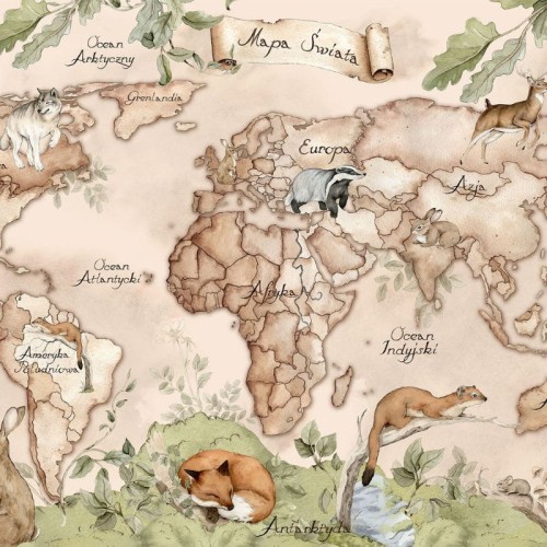 TAPETA MAPA ŚWIATA LEŚNA BEŻOWA