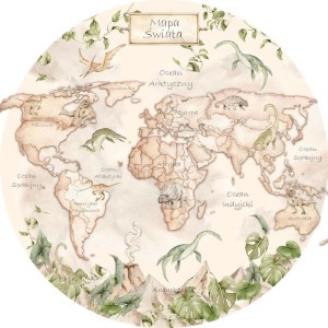 DEKORILLO - NAKLEJKA KOŁO MAPA ŚWIATA DINOZAURY BEŻOWA